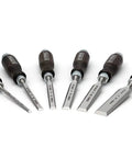 Heavy Duty Bevel Edge Chisel Set Featuring Heat Treated Alloy Steel Blades And Contoured Wooden Grips For Quick Woodworking Carves, six piece tool set.