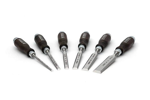 Heavy Duty Bevel Edge Chisel Set Featuring Heat Treated Alloy Steel Blades And Contoured Wooden Grips For Quick Woodworking Carves, six piece tool set.
