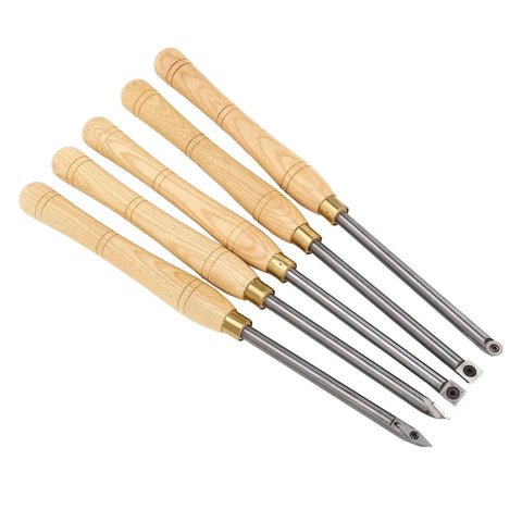 Rock Solid 5 Piece Wood Lathe Turning Tool Set With Durable Cemented Carbide Blades Ideal For Pro Woodworkers Who Need Heavy Duty Gouges And Skew Chisels For Any Crafting Project wooden handles with carbide blades