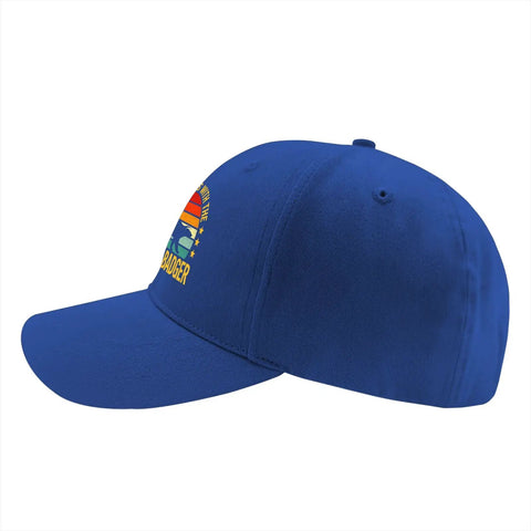 Side view of Vintage Style Women's Breathable Cap With Adjustable Buckle Strap Dope Front Artwork Hat In Classic Blue
