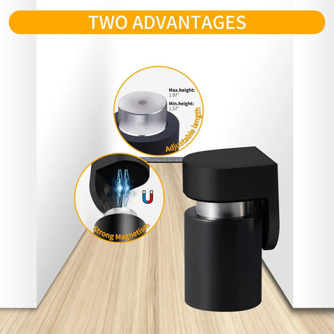 Magnetic Door Stopper And Holder For Secure Doors Under Two And A Half Inches Heavy Duty Stainless Steel Anti Rust Stops Slams And Keeps Doors From Slamming Steady And Reliable For Home And Office Black Finish 1 Pack with strong magnet and adjustable length features displayed