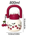 800ml Large Capacity Water Bottle With Handle For Sports And Hiking, features cherry design, maroon cap, and dimensions shown