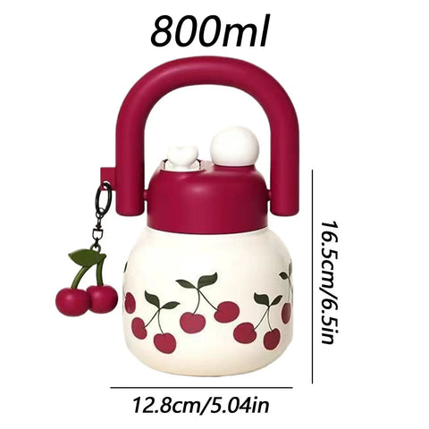 800ml Large Capacity Water Bottle With Handle For Sports And Hiking, features cherry design, maroon cap, and dimensions shown