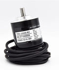 Front view of TRD-J1000-RZ Absolute Rotary Encoder with switch, black housing, visible labels, coiled cord, ideal for automotive electronics.