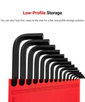 Grab And Go Hex L Key Holder For 1.3 To 10 Millimeter L Keys With Quick Access Front Facing Design And Low Profile Organization For Easy Tool Reach In Busy Shop showing L-keys in a red holder