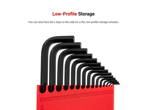 Grab And Go Hex L Key Holder For 1.3 To 10 Millimeter L Keys With Quick Access Front Facing Design And Low Profile Organization For Easy Tool Reach In Busy Shop showing L-keys in a red holder