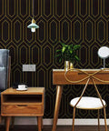 Geometric Gold And Black Peel And Stick Wallpaper Self Adhesive Removable Wall Covering for accent walls in modern room