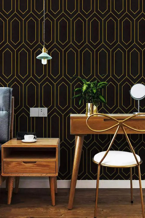 Geometric Gold And Black Peel And Stick Wallpaper Self Adhesive Removable Wall Covering for accent walls in modern room