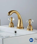 Polished Gold Widespread Bathroom Sink Faucet With Crystal Handles Three Hole Brass Lavatory Vanity Tap And Pop Up Drain