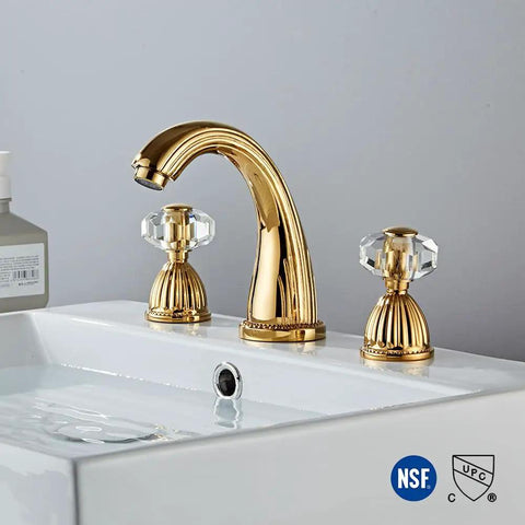 Polished Gold Widespread Bathroom Sink Faucet With Crystal Handles Three Hole Brass Lavatory Vanity Tap And Pop Up Drain