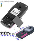 Professional Wall Scanner, Stud Finder & Live Wire Detector showing battery compartment, buttons, and dimensions 7.3 x 3.4 x 1.3 in.