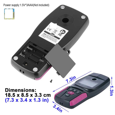 Professional Wall Scanner, Stud Finder & Live Wire Detector showing battery compartment, buttons, and dimensions 7.3 x 3.4 x 1.3 in.