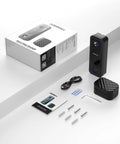 Wireless Battery Powered 2K Video Doorbell With Chime And No Subscriptions, shown with accessories and packaging on white background.