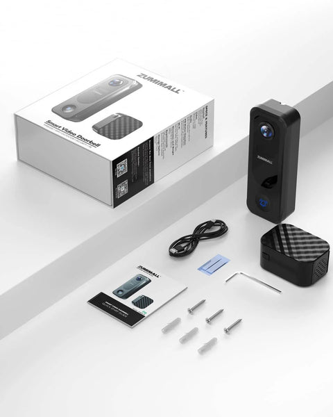 Wireless Battery Powered 2K Video Doorbell With Chime And No Subscriptions, shown with accessories and packaging on white background.