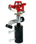 T Post Mounted 360 Degree Impact Sprinkler For Small Gardens And Lawns With Up To 85 Ft Coverage No Fuss Easy Install That Stays Put And Delivers Even Watering Red, featuring a red metal head on a black cylindrical base.