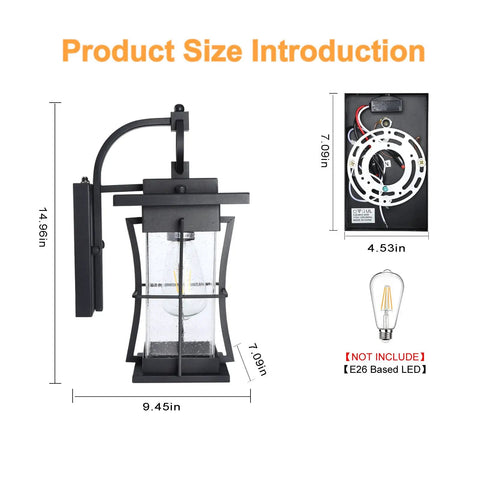 Dusk To Dawn Outdoor Wall Lantern With Sensor dimensions and E26 bulb size guide, matte black finish, waterproof and rust resistant