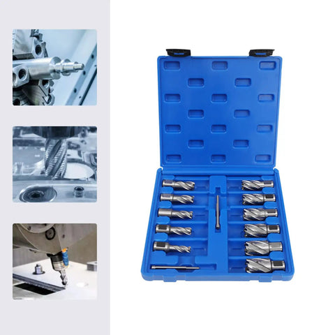 All Purpose Rugged 13 Pc Hss Annular Cutter Set 1 Inch Cut Depth Mag Drill Bits Kit For Magnetic Drill Press in blue case.
