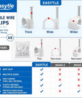 Comparison chart showing Easy Style heavy duty cable wire clips sizes from thick to wider vs other brands with anti-slip and high carbon steel nails.