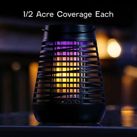 Close-up of Solar Powered Bug Zapper Outdoor Insect Trap With 600V Grid, LED Flickering Flame, auto activates at dark