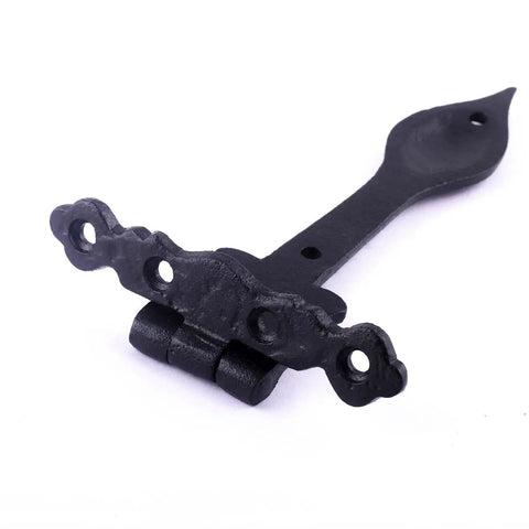 Close-up of Black Wrought Iron Door Strap Hinge, 6-Inch Long, Antique Colonial Spear Tip, Rust Resistant, Flush Mount