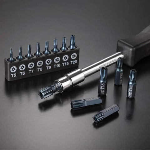 Heavy Duty 16 Piece Security Torx Bit Set T5 To T50 With S2 Steel Construction, tamper resistant star bits, shown with adaptor