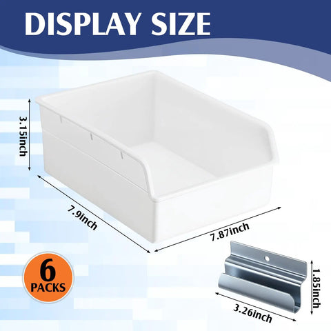 Six Pack Slatwall Bins With Hooks Set For Wall Mounted Storage Handy Organizer Containers shown in white with dimensions