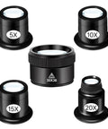 Five Piece Jewelers Loupe Set With 5X 10X 15X 20X 30X 36mm Glass Lenses displayed in a circle, ultra portable magnifiers