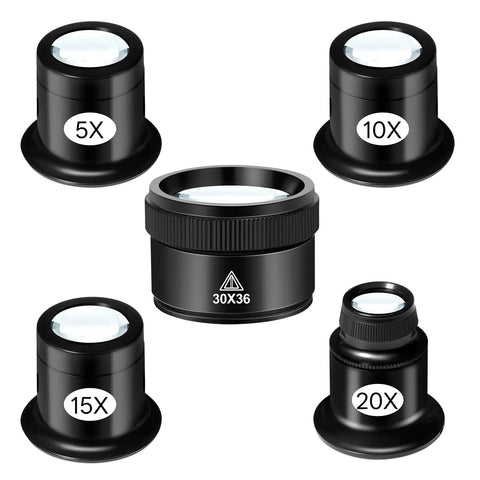 Five Piece Jewelers Loupe Set With 5X 10X 15X 20X 30X 36mm Glass Lenses displayed in a circle, ultra portable magnifiers