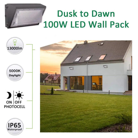 Super Bright 120W LED Wall Pack Light With Dusk To Dawn Photocell mounted on a modern house exterior, 13000 Lumens, 5000K Daylight