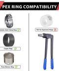 Image showing PEX ring compatibility with stainless steel clamp, copper, and press sleeve rings, tool included. Not for expansion rings.
