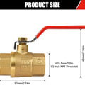 2 Pack Brass 1/2 Inch Full Port Ball Valve With Red Vinyl Handle NPT Female To Female 150 PSI WSP 600 WOG size diagram