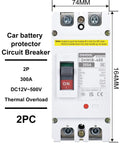 Front view of a 300A car battery protector circuit breaker with thermal overload protection, 2P, DC12V-500V, 74MM x 164MM.