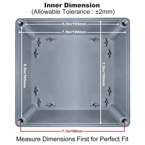 Inner dimensions of 8 By 8 By 4 Inch IP65 Waterproof Junction Box Rugged ABS Plastic Outdoor Enclosure Dustproof Electrical Project Box