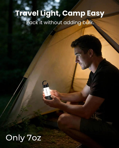 Person holding Ultra Bright Camping Lantern With 1000LM LED Floodlight And 5000mAh Battery inside a tent at night