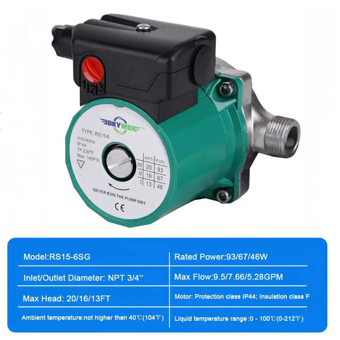 Heavy Duty 3 Speed Hot Water Circulation Pump For Households And Mansions Food Grade Stainless Steel Build shown from the side.