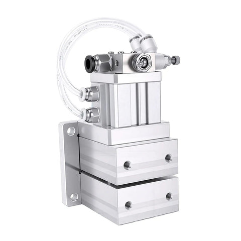 Top Tier Pneumatic Machine Vise With 3mm Stroke For Aluminum Clamping, showing air control and clamping mechanism in silver finish.