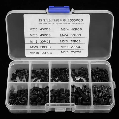 Beefy Socket Head Hex Grub Screw Set Assortment Kit 12.9 Grade Stainless DIN 916 Metric Sizes M3 to M8 Heavy Duty Fasteners for Machinery Repair and Metalworking Great for Fixtures Handles and DIY Projects, open case