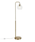 Arc Floor Lamp With Glass Shade In Brass And Clear Finish, 62 Inches Tall shown upright with milk glass globe