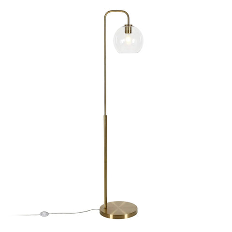 Arc Floor Lamp With Glass Shade In Brass And Clear Finish, 62 Inches Tall shown upright with milk glass globe