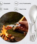 4 In 1 Stainless Steel Spoon Fork With Carabiner And Bottle Opener in use by campfire, lightweight survival tool for hiking