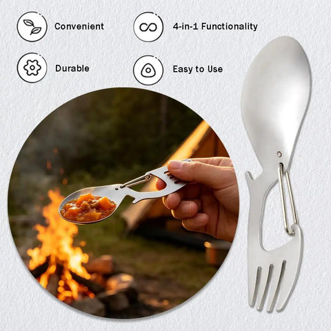 4 In 1 Stainless Steel Spoon Fork With Carabiner And Bottle Opener in use by campfire, lightweight survival tool for hiking