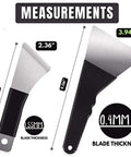 Dimensions and blade thickness of two scrapers in Pro Grade All In One Go To 3D Printer Scraper Kit with Four Blade Types and Ten Spare Blades.