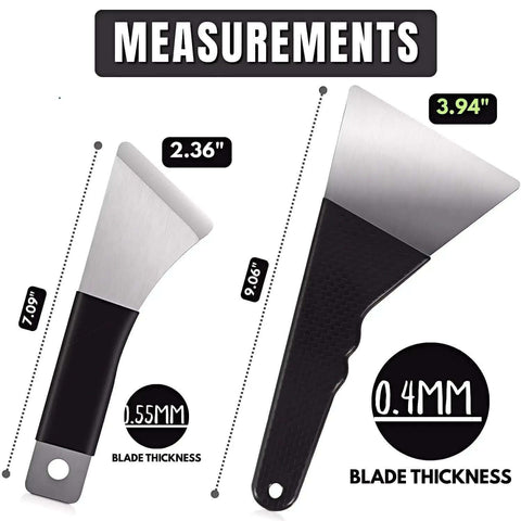Dimensions and blade thickness of two scrapers in Pro Grade All In One Go To 3D Printer Scraper Kit with Four Blade Types and Ten Spare Blades.