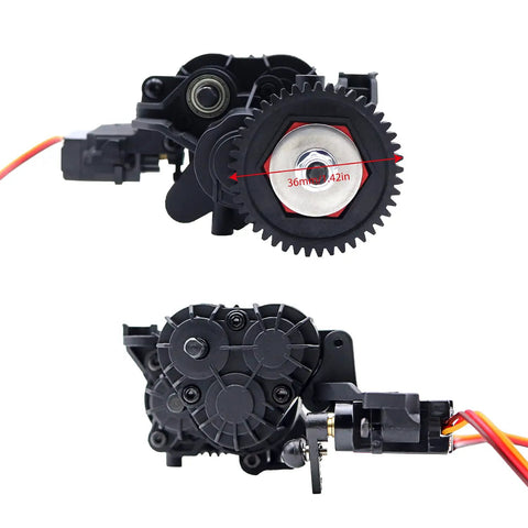 Front and back view of Dual Speed RC Gearbox with Servo and Internal Gears for 1 to 10 RC Crawler Upgrade Parts TRX4 TRX6