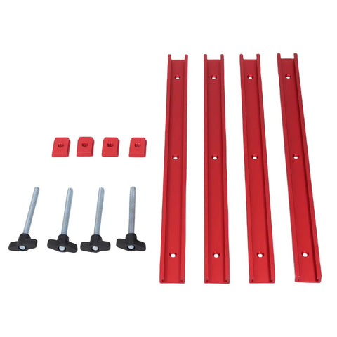 Pro Grade T Slot Rail Aluminum Alloy 400mm with double groove profile, red tracks and accessories, for woodworking jigs and router tables.