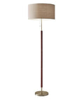 Oak Veneer Floor Lamp With Off White Fabric Shade, 3 Way Dimming For Bedroom And Living Room, Tall 60 Inch Lighting, brass accents