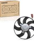 Top Shelf Right Side Engine Radiator Cooling Fan Assembly For Audi A3 And Volkswagen Beetle Eos Golf showing fan blade detail and packaging.