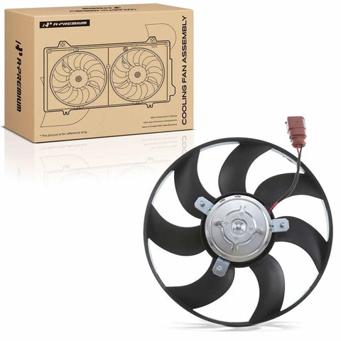 Top Shelf Right Side Engine Radiator Cooling Fan Assembly For Audi A3 And Volkswagen Beetle Eos Golf showing fan blade detail and packaging.