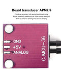 Top view of MPXV7002DP Pressure Sensor Board Transducer Breakout with GND, +5V, and Analog ports visible for microcontroller projects.
