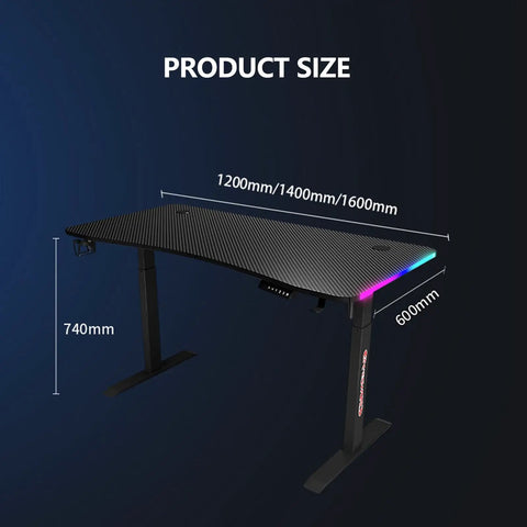 Adjustable Height Standing Desk With Carbon Fiber Top And Hella Fast Electric Lift Offers Chill Work Mode Programmable Memory Presets Cool Rgb Lighting dimensions labeled 1200mm to 1600mm wide and 740mm high.